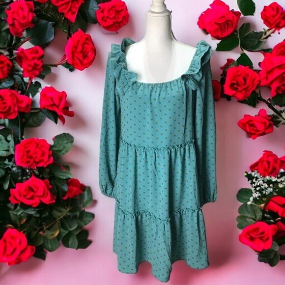 Oddy Women Medium Tiered Dress Heart Texture Ruffle Shoulders Turquoise Blue NWT - Picture 1 of 16